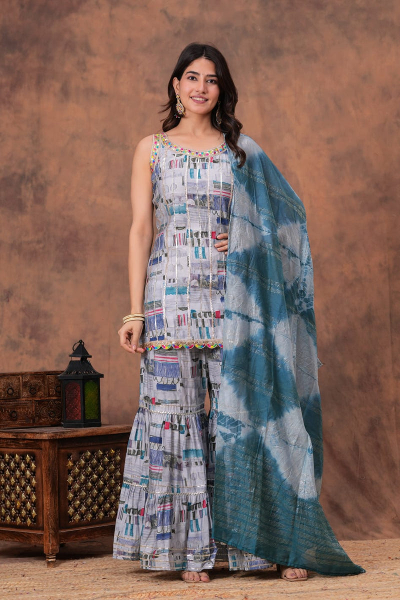 Designer Sharara Set with Short Kurti &amp; Dupatta