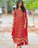 Cotton Anarkali Kurta Pant &amp; Dupatta Set