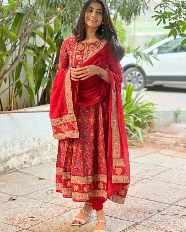 Cotton Anarkali Kurta Pant &amp; Dupatta Set