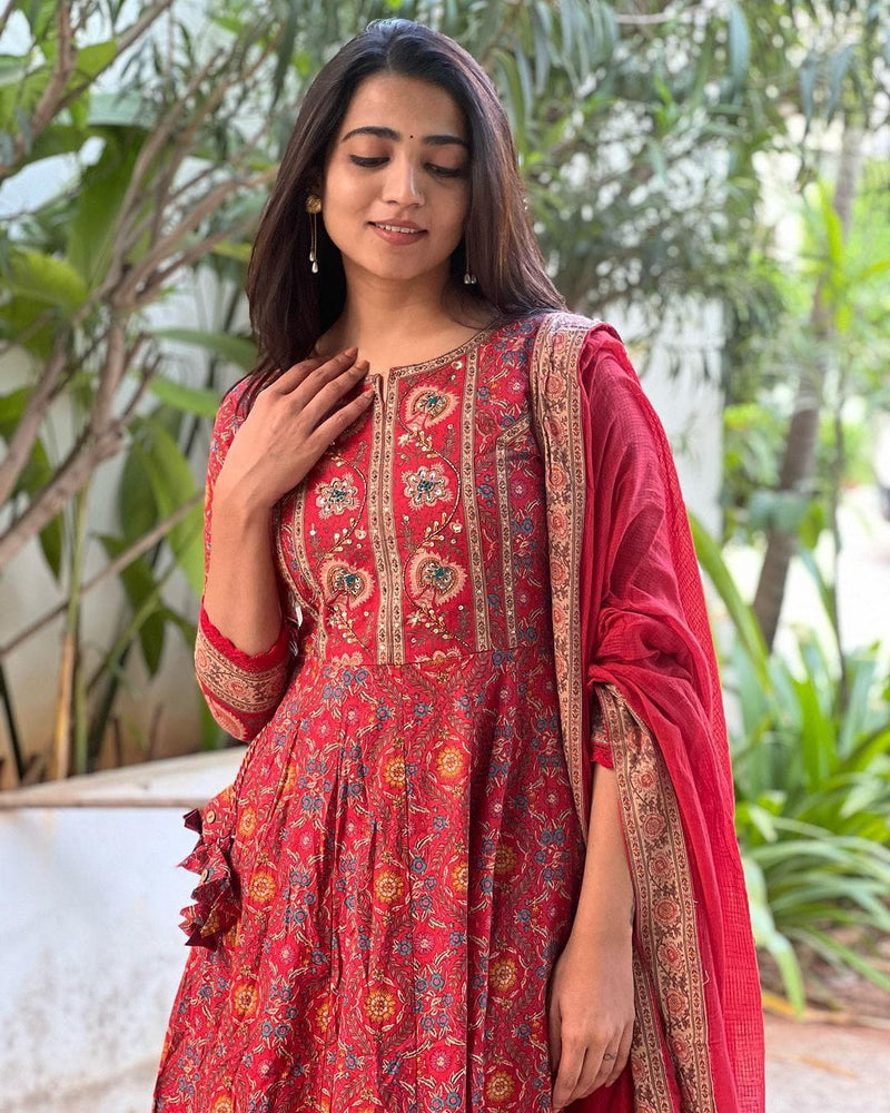 Cotton Anarkali Kurta Pant &amp; Dupatta Set