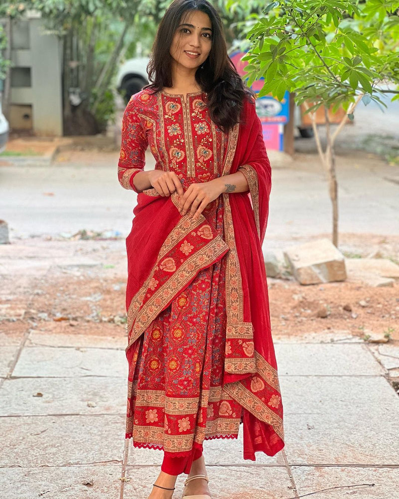Cotton Anarkali Kurta Pant &amp; Dupatta Set
