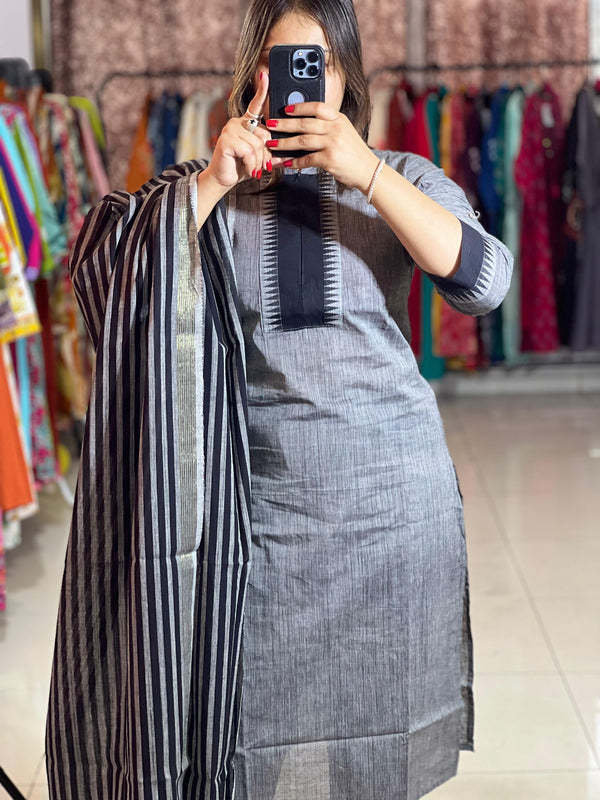 Classy Handloom Cotton Silk Kurti Pant Dupatta Set