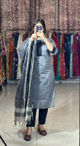 Classy Handloom Cotton Silk Kurti Pant Dupatta Set