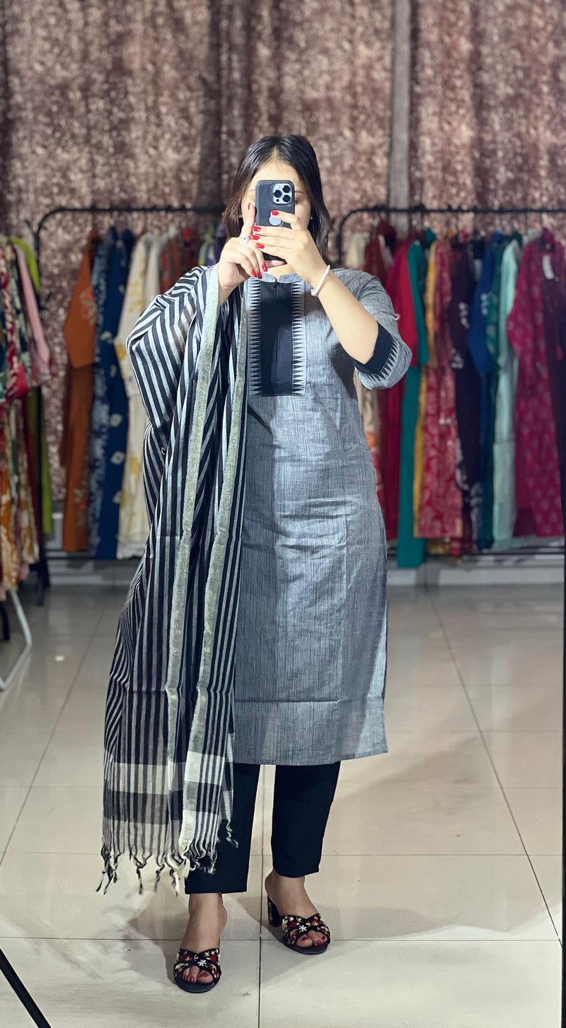 Classy Handloom Cotton Silk Kurti Pant Dupatta Set