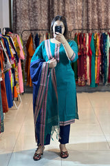 Classy Handloom Cotton Silk Kurti Pant Dupatta Set