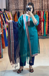 Classy Handloom Cotton Silk Kurti Pant Dupatta Set
