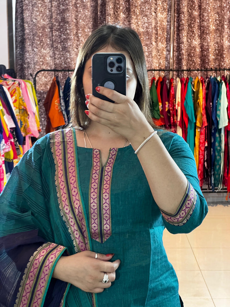 Classy Handloom Cotton Silk Kurti Pant Dupatta Set