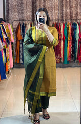 Classy Handloom Cotton Silk Kurti Pant Dupatta Set