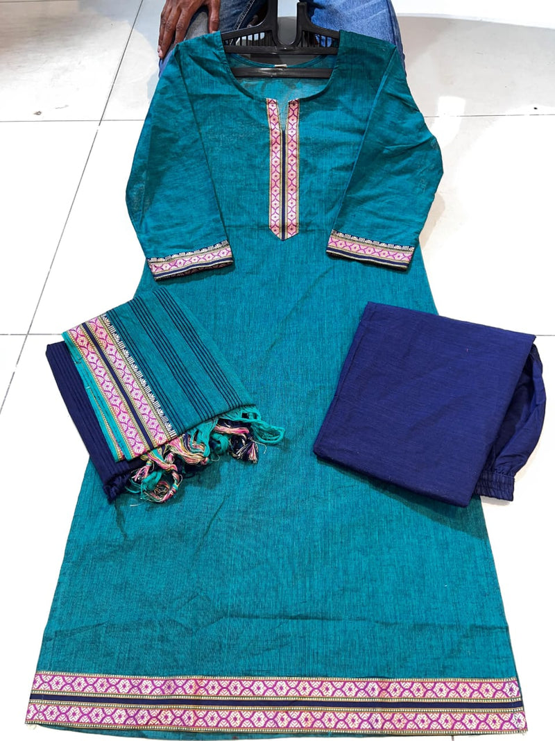 Classy Handloom Cotton Silk Kurti Pant Dupatta Set