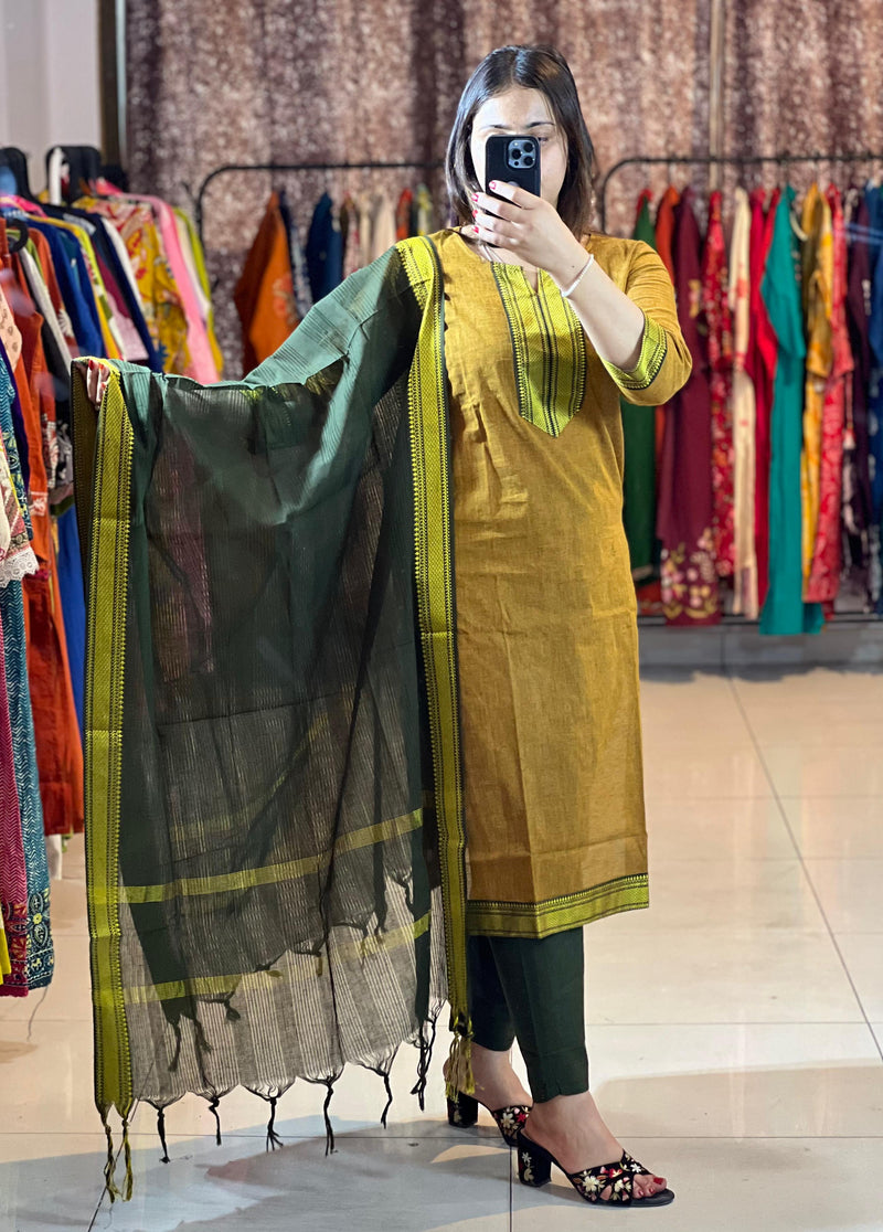Classy Handloom Cotton Silk Kurti Pant Dupatta Set