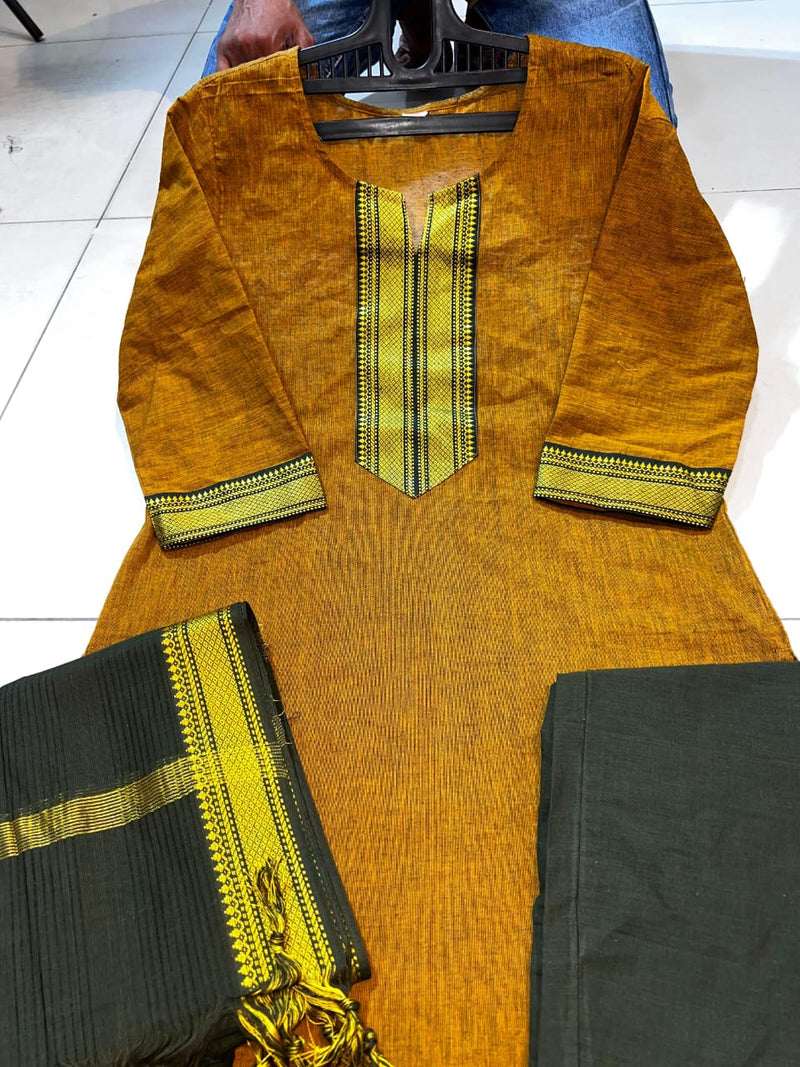 Classy Handloom Cotton Silk Kurti Pant Dupatta Set
