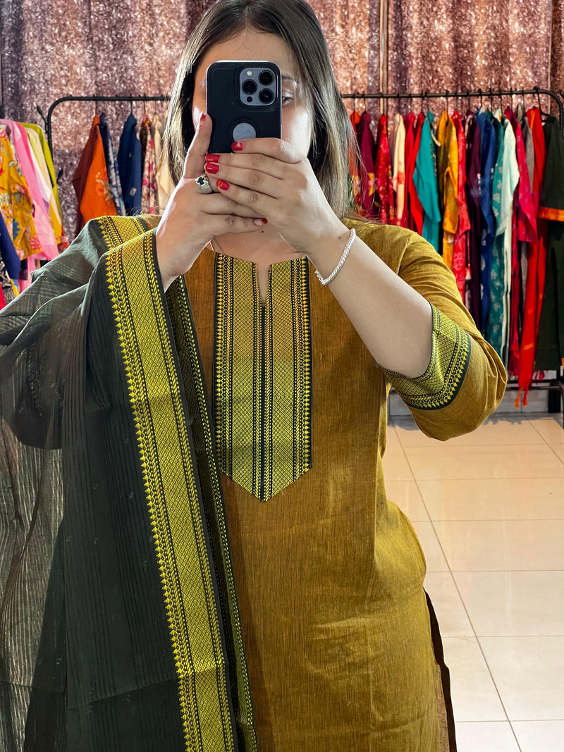Classy Handloom Cotton Silk Kurti Pant Dupatta Set