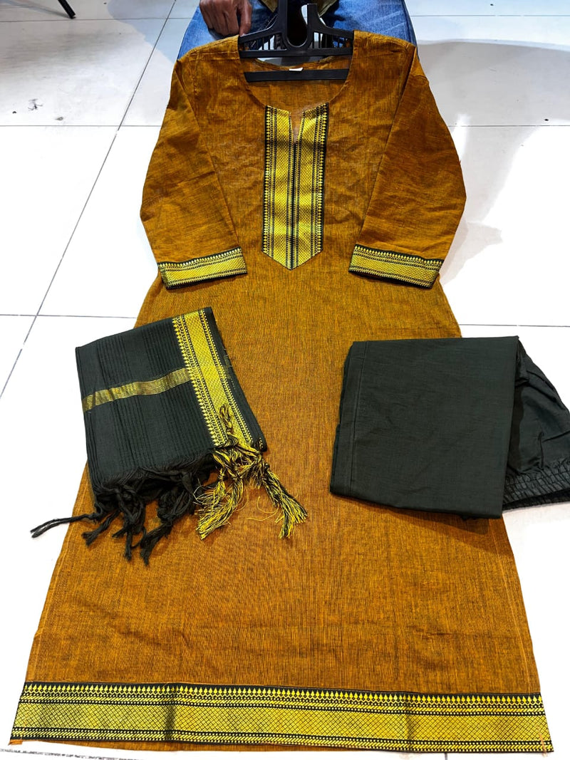 Classy Handloom Cotton Silk Kurti Pant Dupatta Set