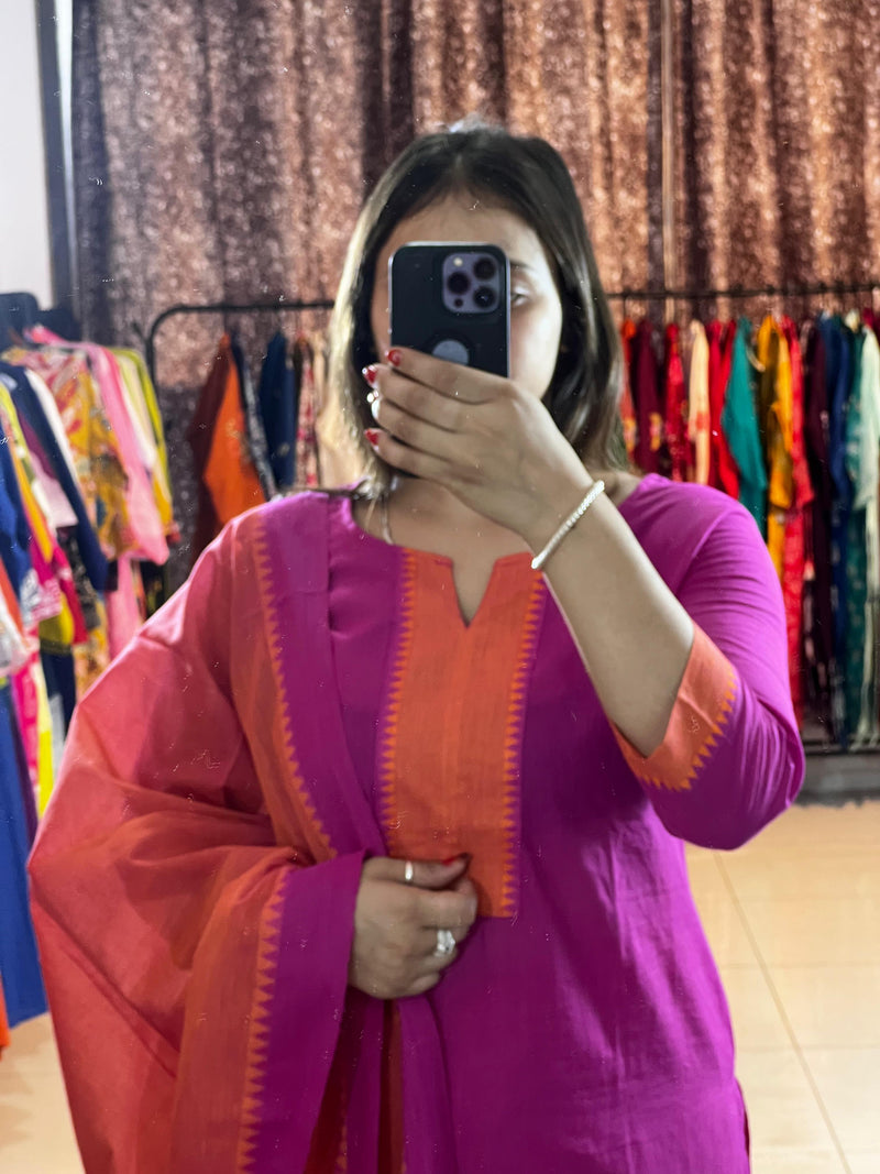 Classy Handloom Cotton Silk Kurti Pant Dupatta Set