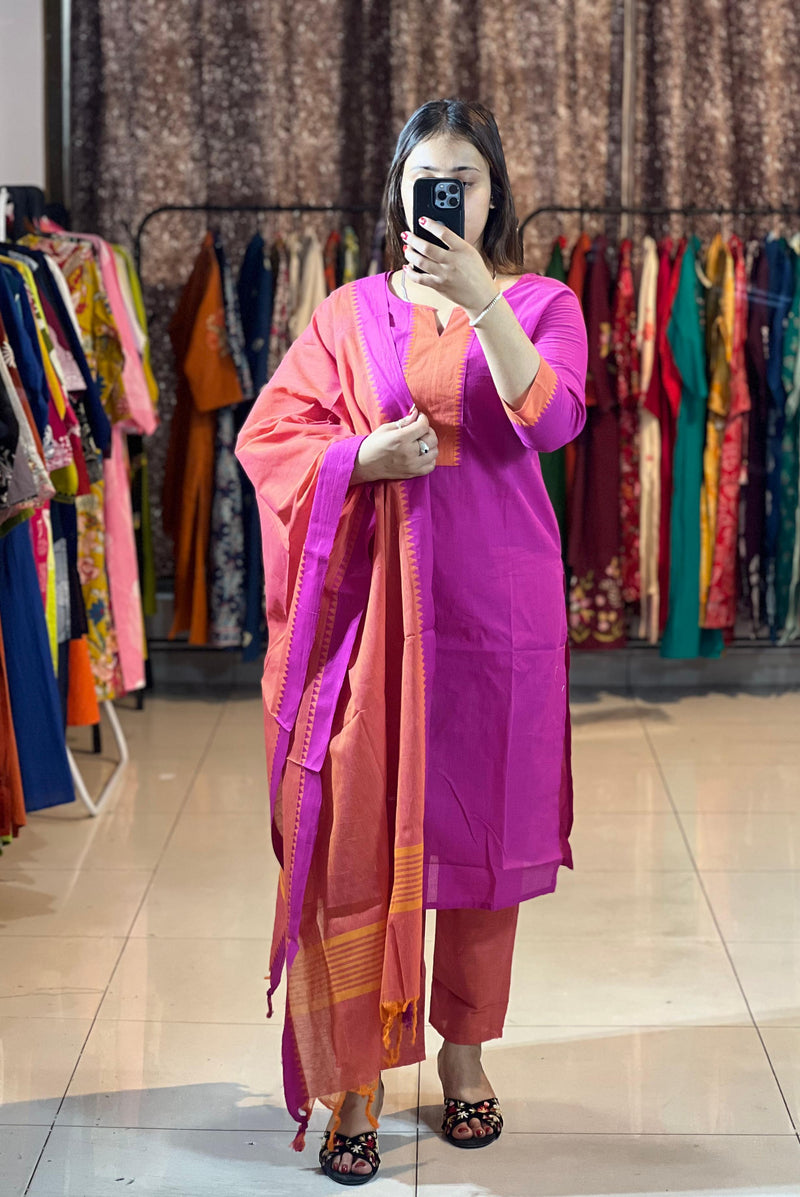 Classy Handloom Cotton Silk Kurti Pant Dupatta Set