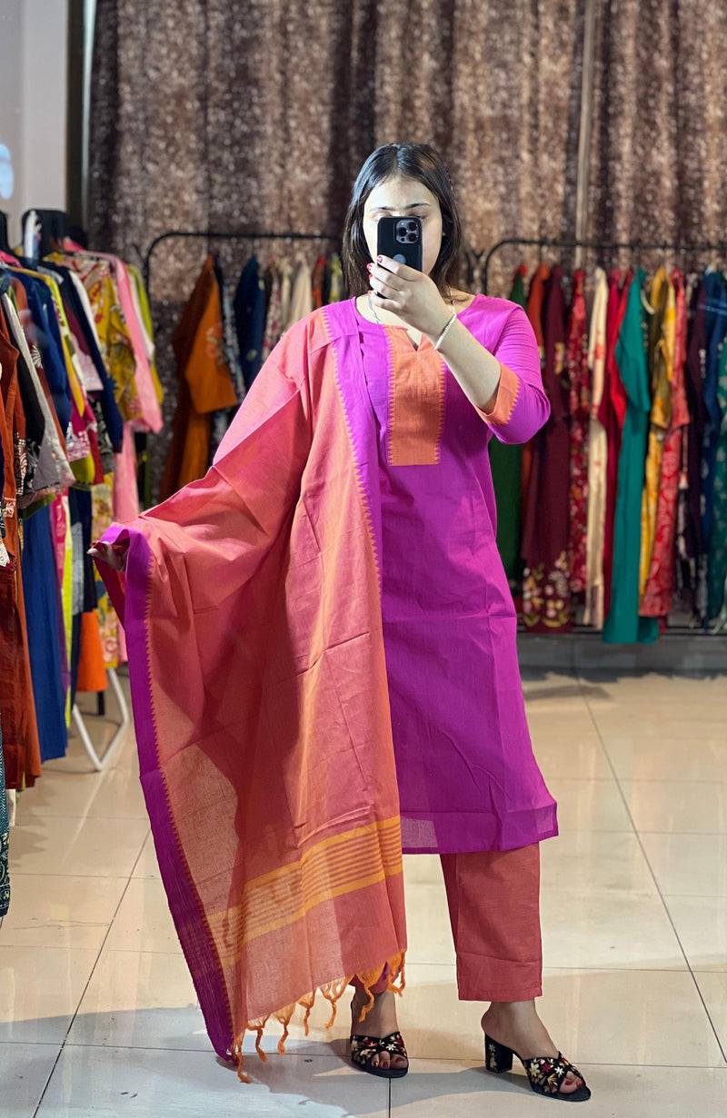 Classy Handloom Cotton Silk Kurti Pant Dupatta Set
