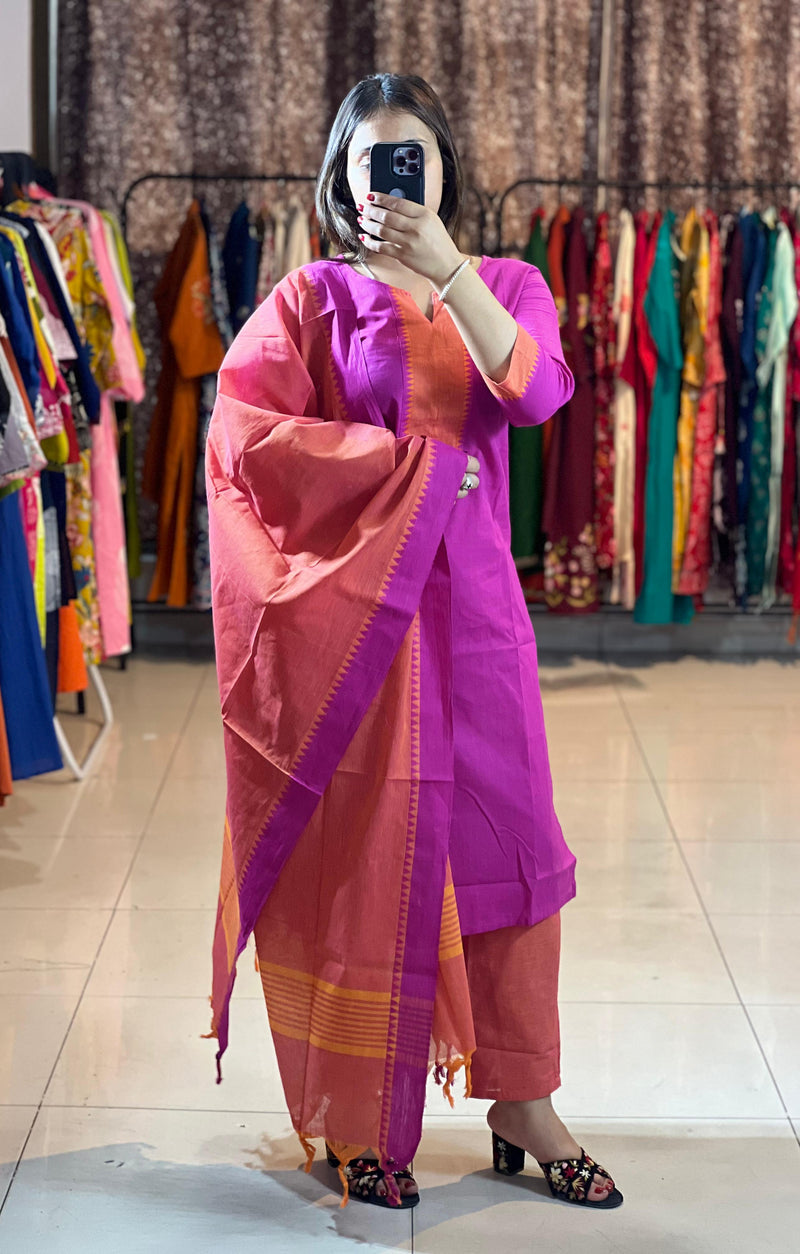 Classy Handloom Cotton Silk Kurti Pant Dupatta Set