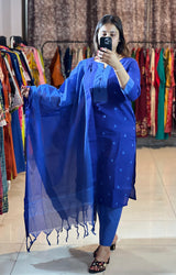 Classy Handloom Cotton Silk Kurti Pant Dupatta Set