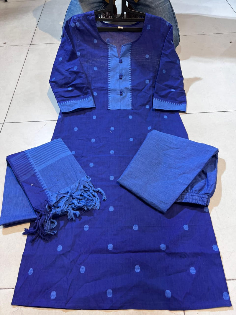 Classy Handloom Cotton Silk Kurti Pant Dupatta Set