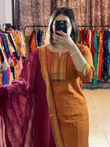 Classy Handloom Cotton Silk Kurti Pant Dupatta Set