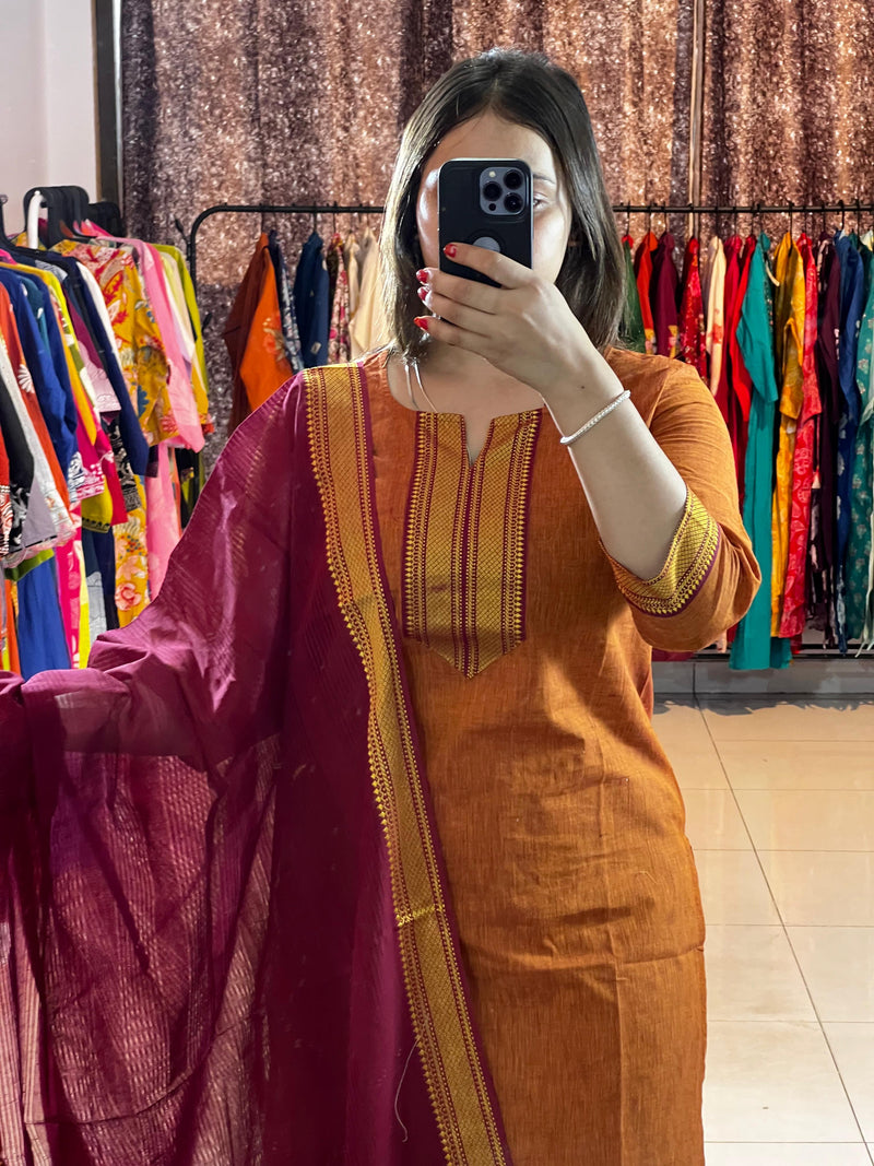 Classy Handloom Cotton Silk Kurti Pant Dupatta Set