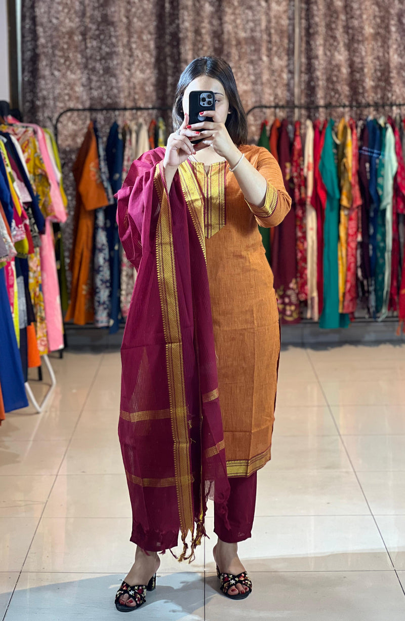Classy Handloom Cotton Silk Kurti Pant Dupatta Set