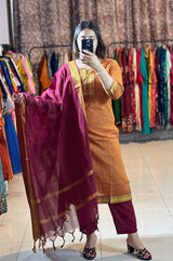 Classy Handloom Cotton Silk Kurti Pant Dupatta Set