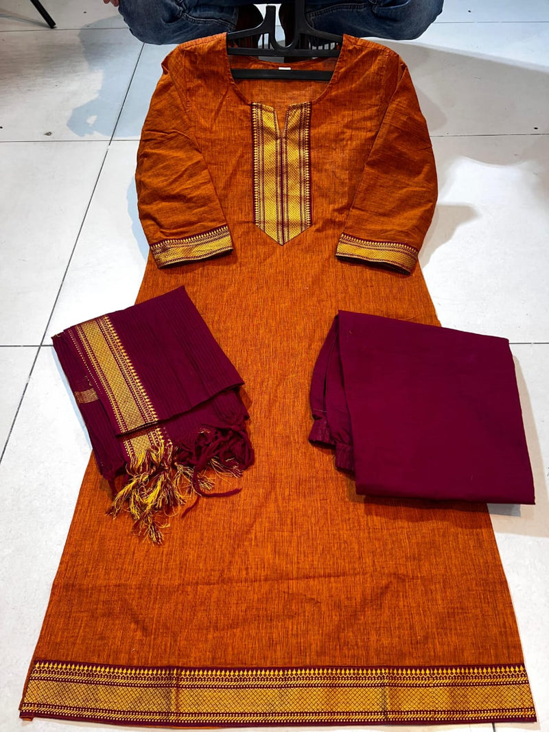 Classy Handloom Cotton Silk Kurti Pant Dupatta Set