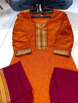 Classy Handloom Cotton Silk Kurti Pant Dupatta Set