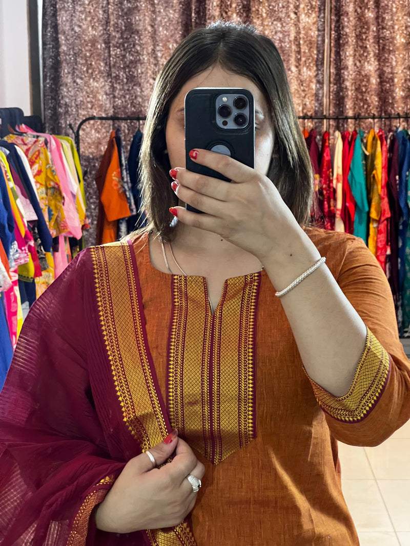 Classy Handloom Cotton Silk Kurti Pant Dupatta Set