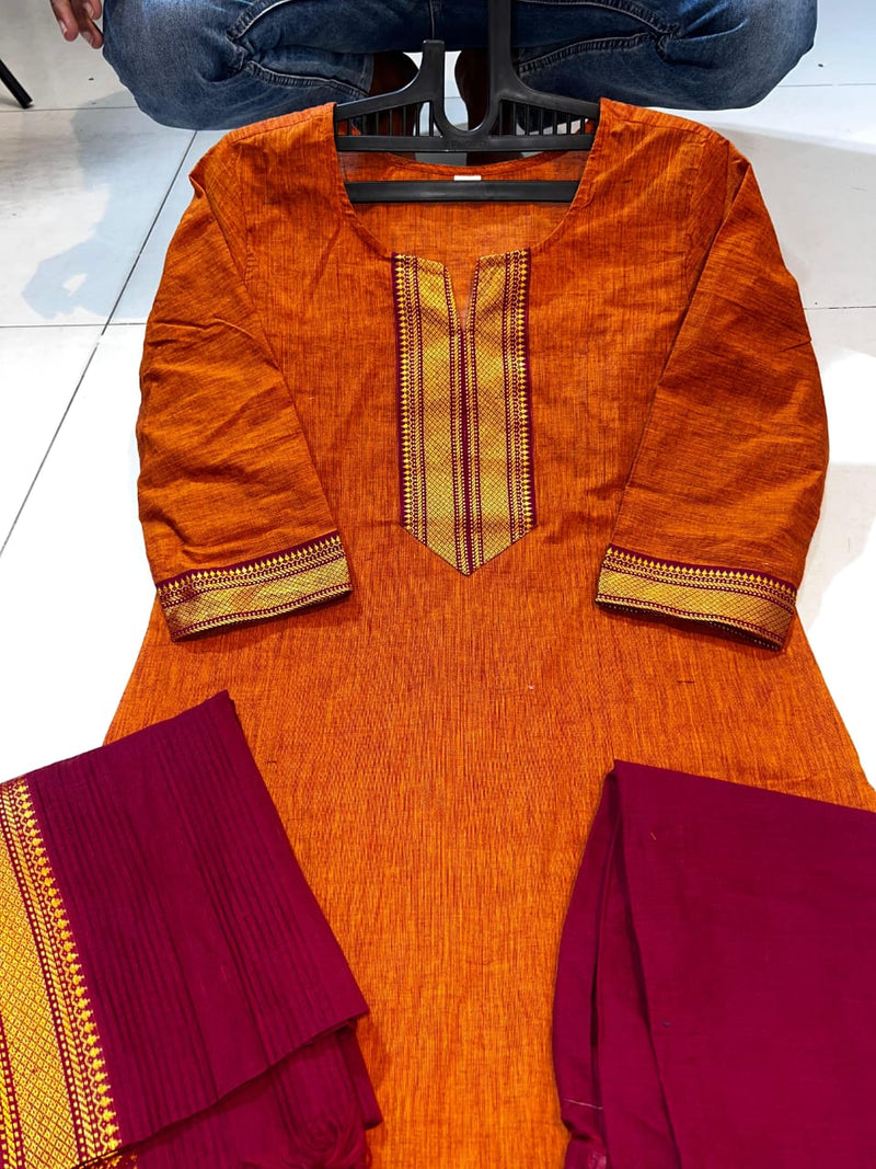 Classy Handloom Cotton Silk Kurti Pant Dupatta Set