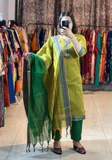 Classy Handloom Cotton Silk Kurti Pant Dupatta Set