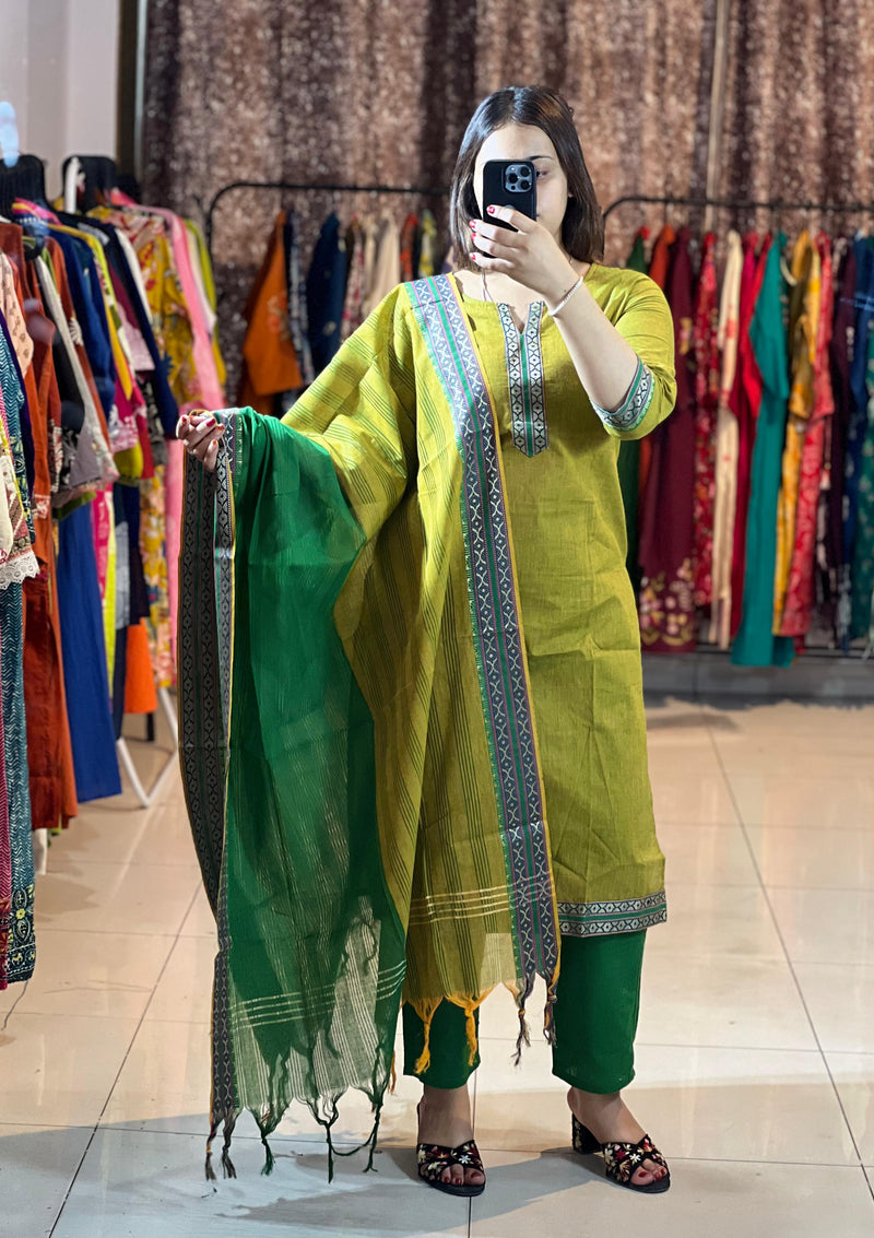 Classy Handloom Cotton Silk Kurti Pant Dupatta Set