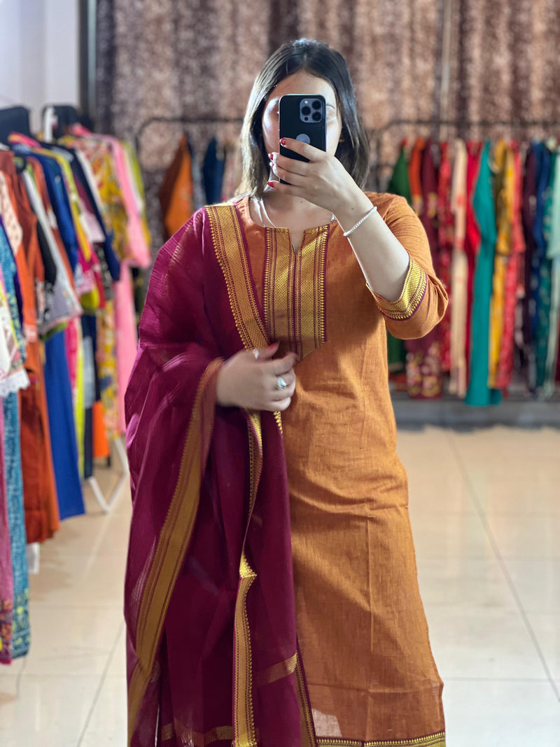 Classy Handloom Cotton Silk Kurti Pant Dupatta Set