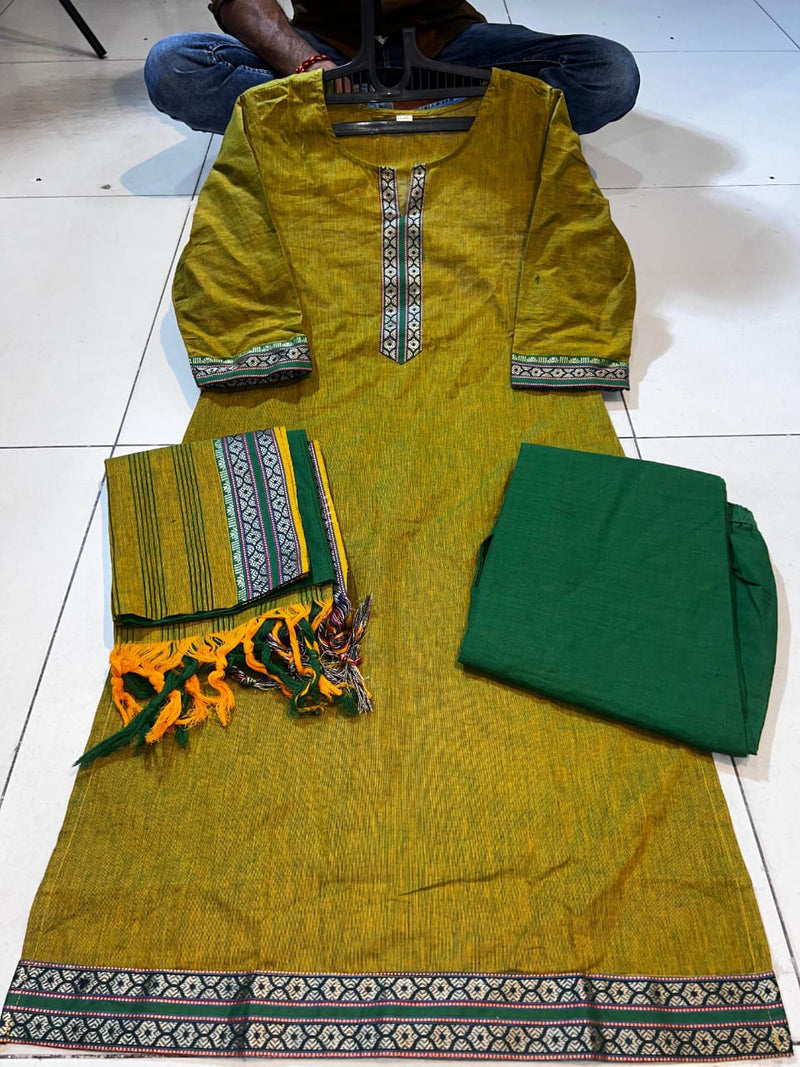 Classy Handloom Cotton Silk Kurti Pant Dupatta Set
