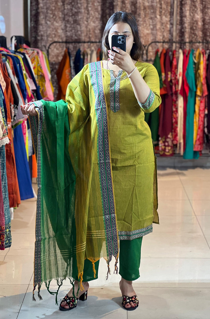 Classy Handloom Cotton Silk Kurti Pant Dupatta Set