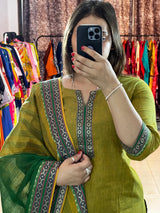 Classy Handloom Cotton Silk Kurti Pant Dupatta Set