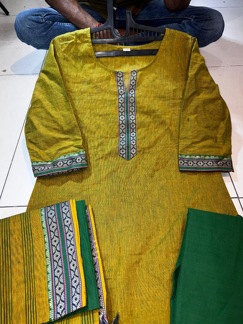 Classy Handloom Cotton Silk Kurti Pant Dupatta Set