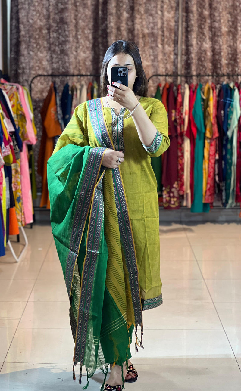 Classy Handloom Cotton Silk Kurti Pant Dupatta Set