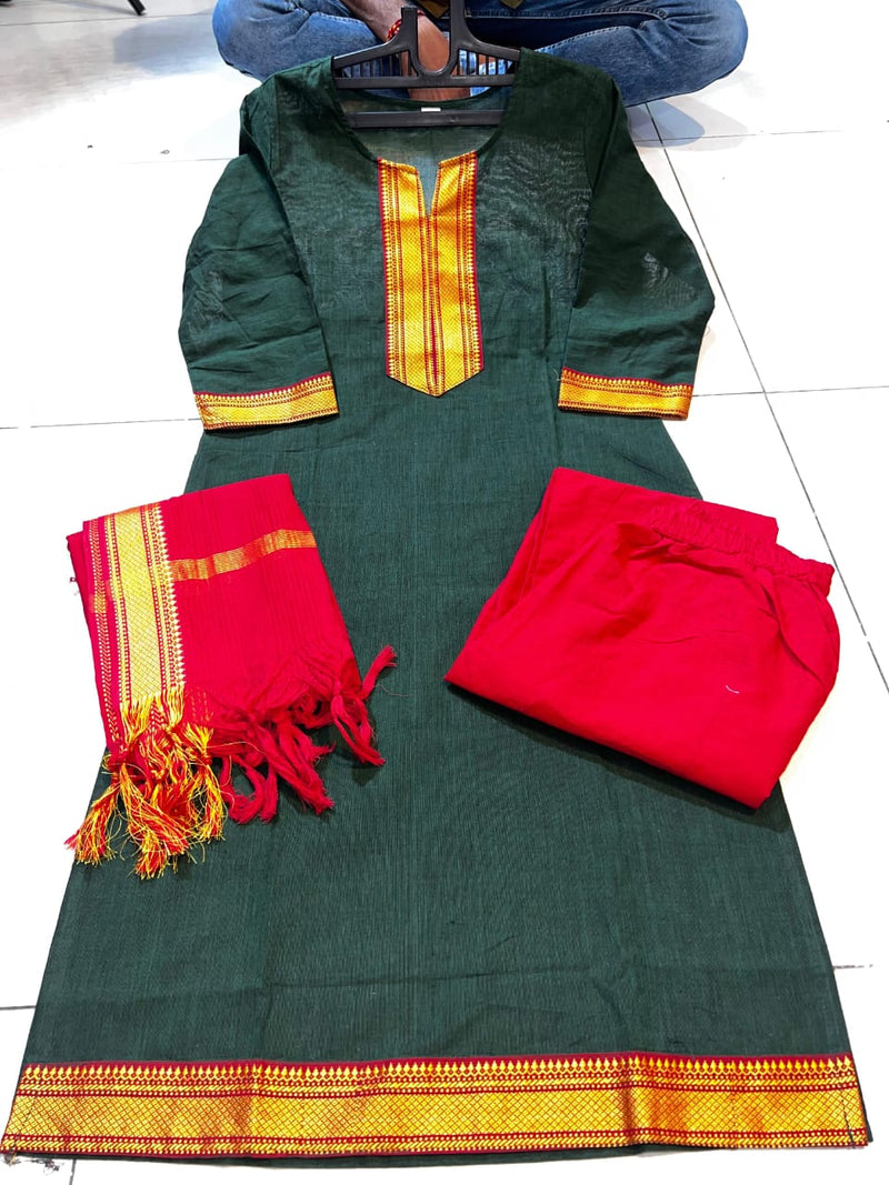 Classy Handloom Cotton Silk Kurti Pant Dupatta Set