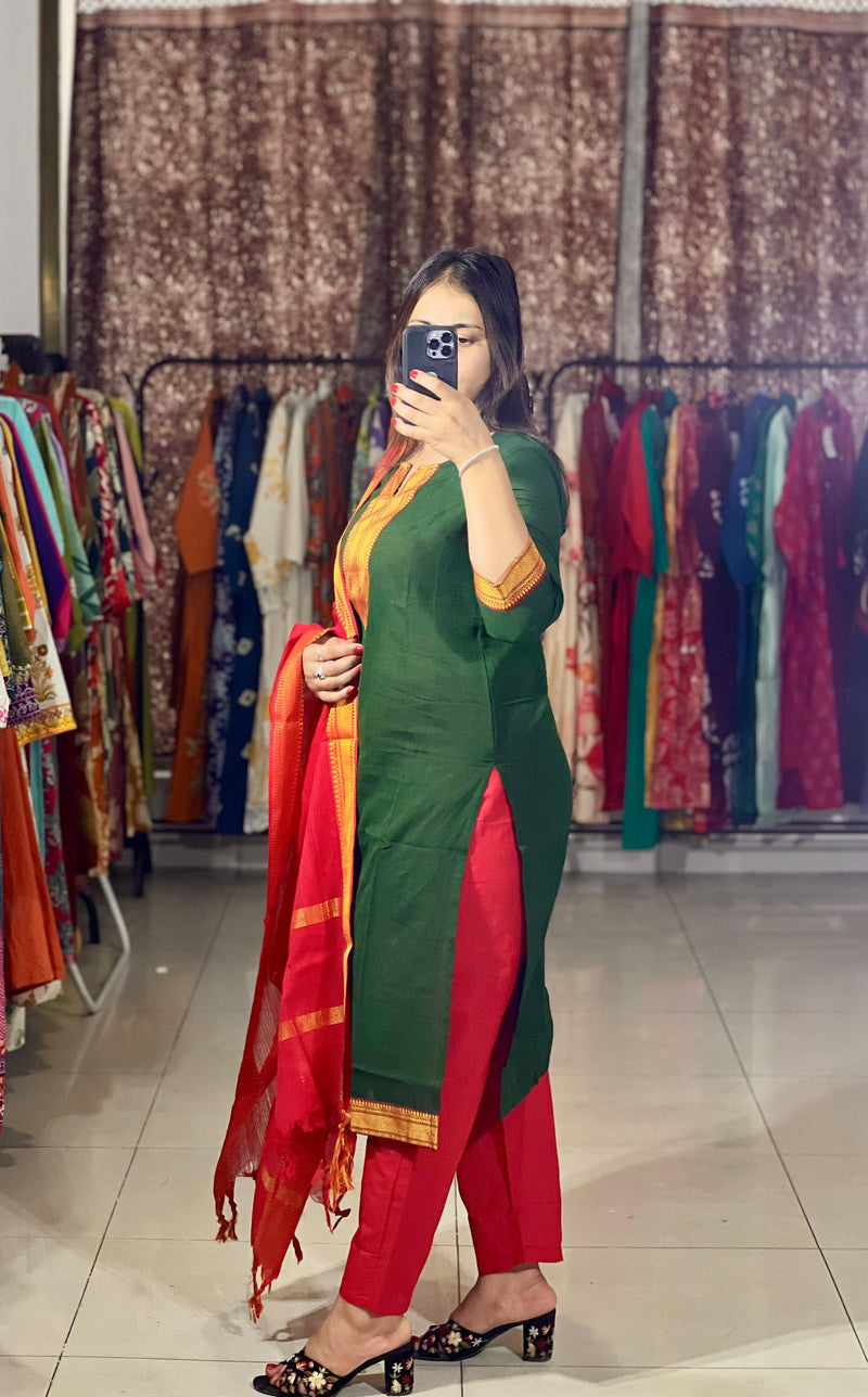 Classy Handloom Cotton Silk Kurti Pant Dupatta Set
