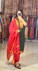 Classy Handloom Cotton Silk Kurti Pant Dupatta Set