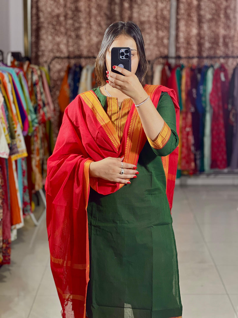 Classy Handloom Cotton Silk Kurti Pant Dupatta Set
