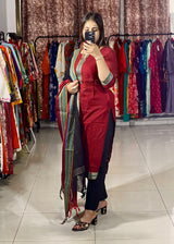 Classy Handloom Cotton Silk Kurti Pant Dupatta Set