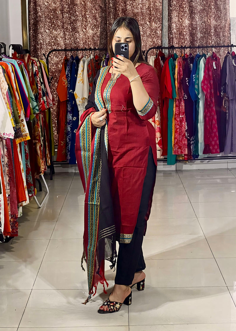 Classy Handloom Cotton Silk Kurti Pant Dupatta Set