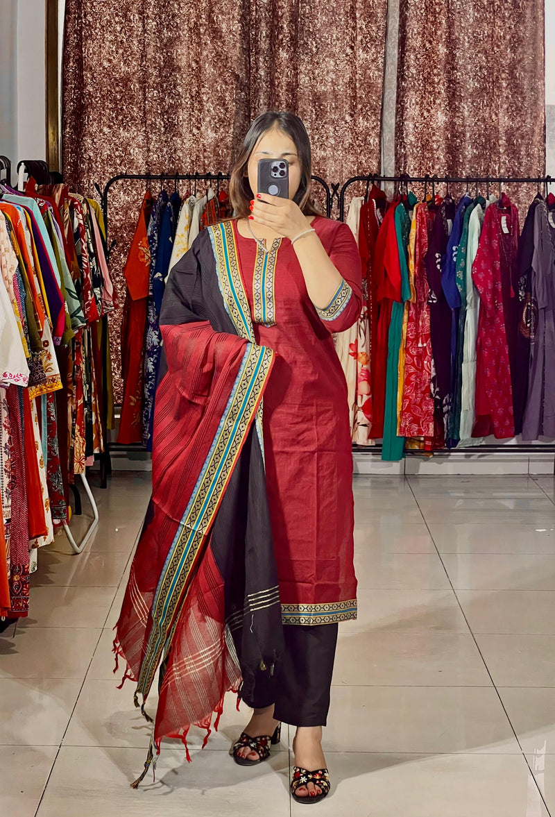 Classy Handloom Cotton Silk Kurti Pant Dupatta Set