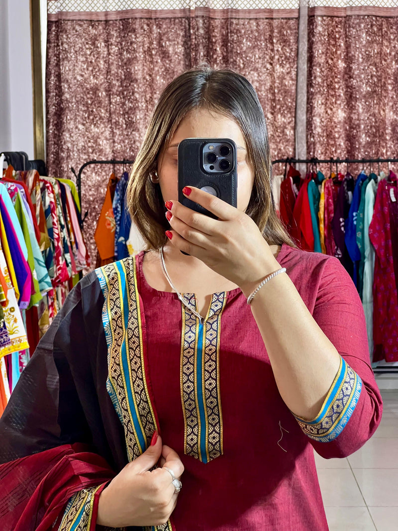 Classy Handloom Cotton Silk Kurti Pant Dupatta Set