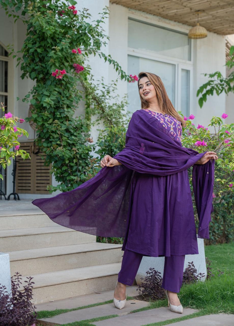 Premium Cotton A-line Kurti Pant Dupatta Set