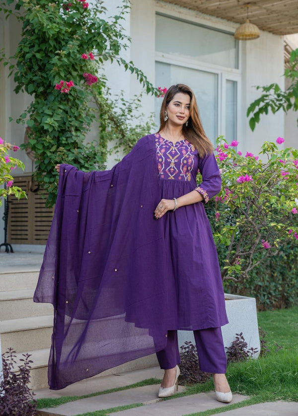 Premium Cotton A-line Kurti Pant Dupatta Set