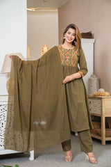 Premium Cotton A-line Kurti Pant Dupatta Set